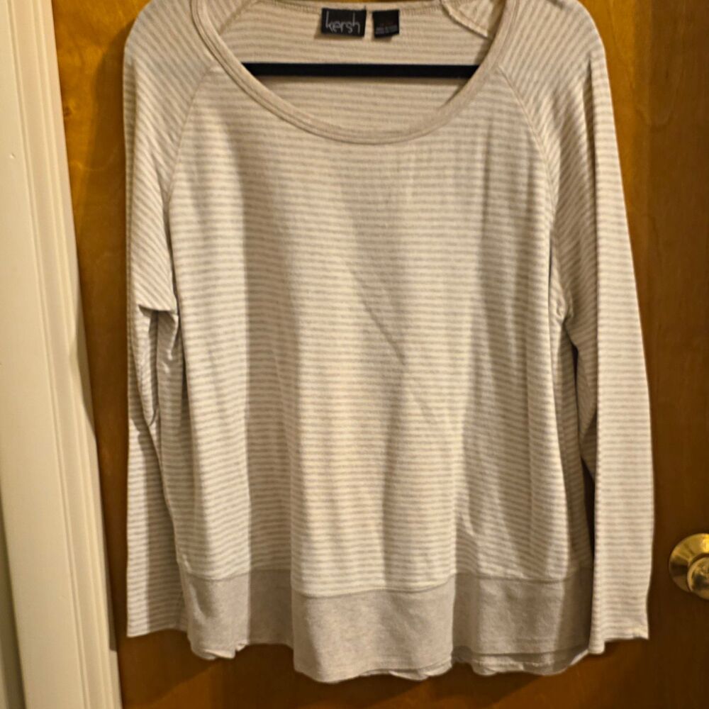 Kersh womens XL beige white striped knit long sleeve scoop neck pullover top